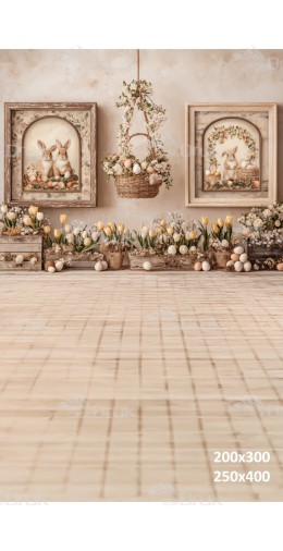 Tło fotograficzne „Wielkanocne króliczki w ramkach z tulipanami i wiszącym koszem” | E655